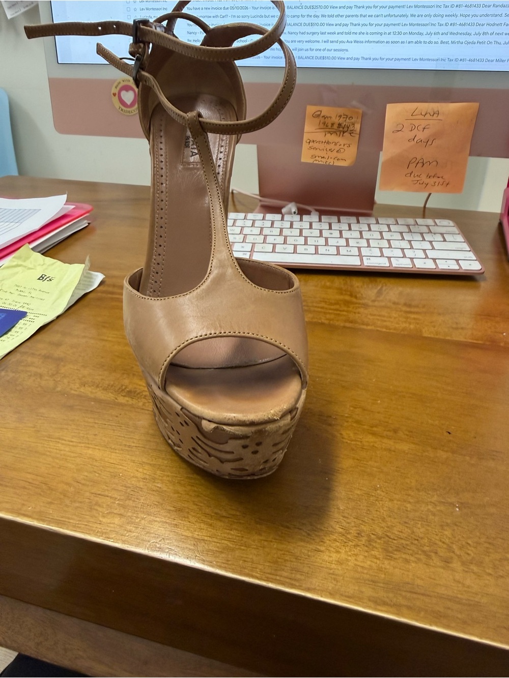 Women's Tan T-Strap Platform Wedge with Ankle Tie